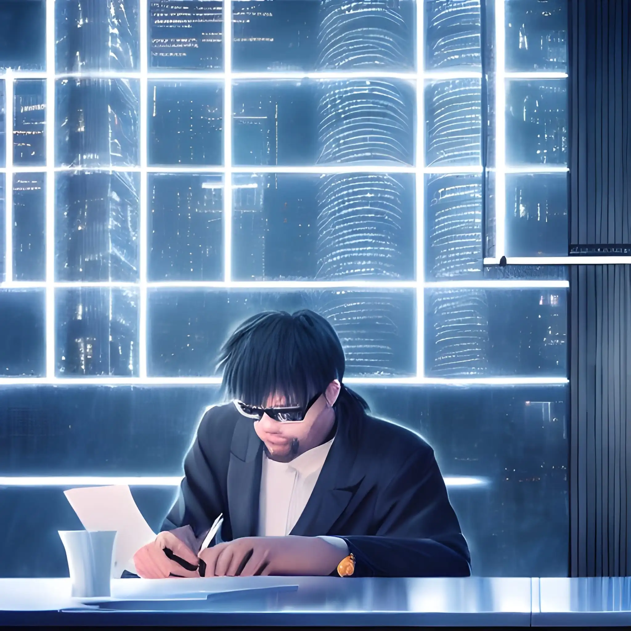 A futuristic man sitting at a desk writing in a diary