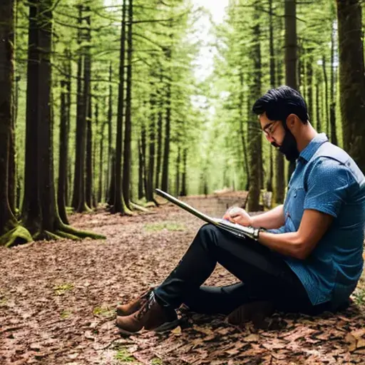 A man sitting on the ground in a forest, writing in a large pad