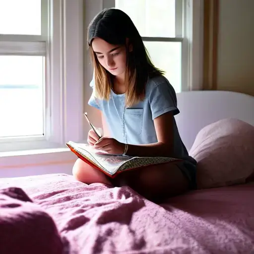 A girl sitting on her bed, reflecting and writing in her diary
