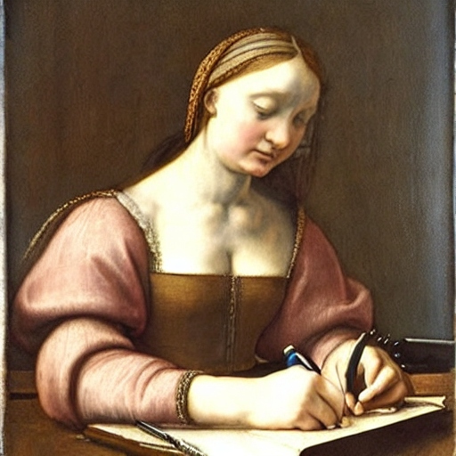 A woman sitting at a desk writing in a diary