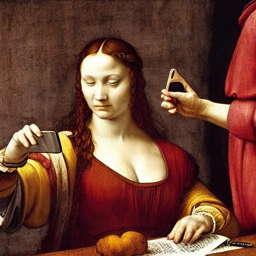 A renaissance woman sitting at a desk looking at her mobile phone