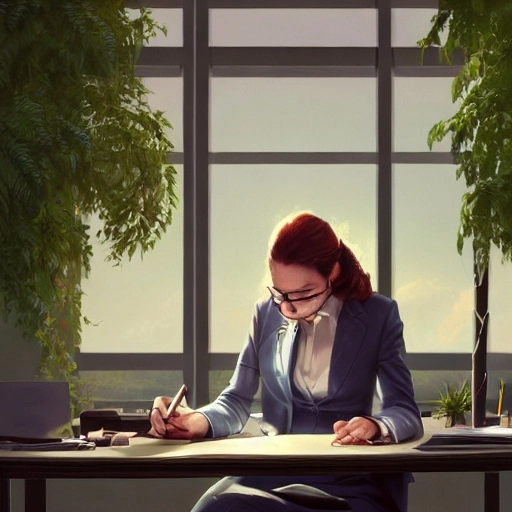 A woman wearing a suit sitting at a desk and writing in a journal